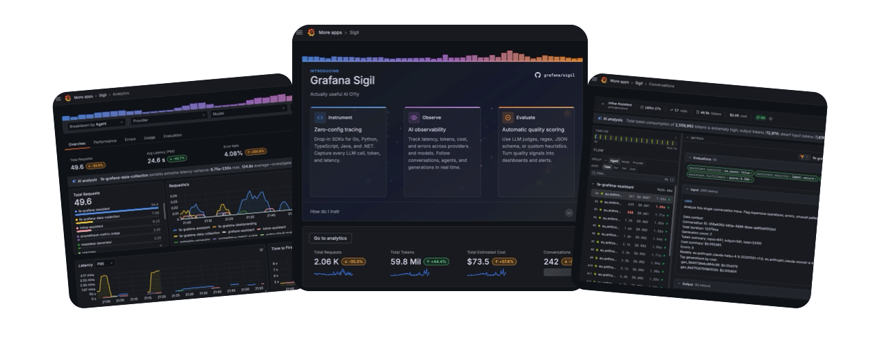 Grafana AI Observability showing analytics, the product overview, and conversation exploration screens.