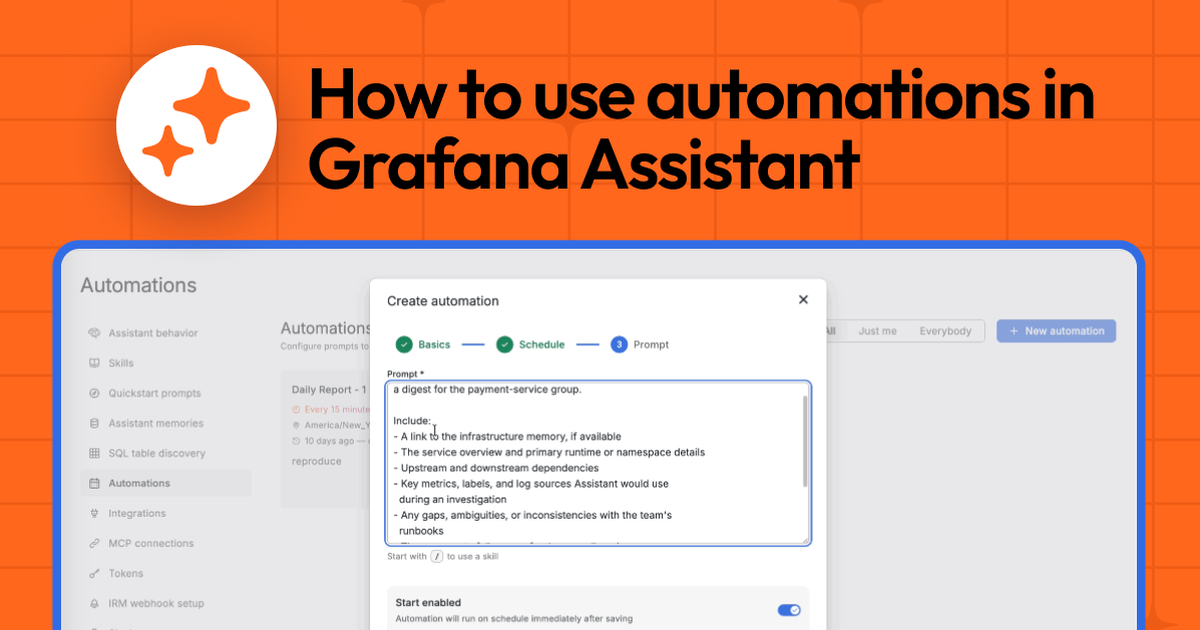Grafana Assistant Automations screen with the Create automation dialog open on the prompt step.