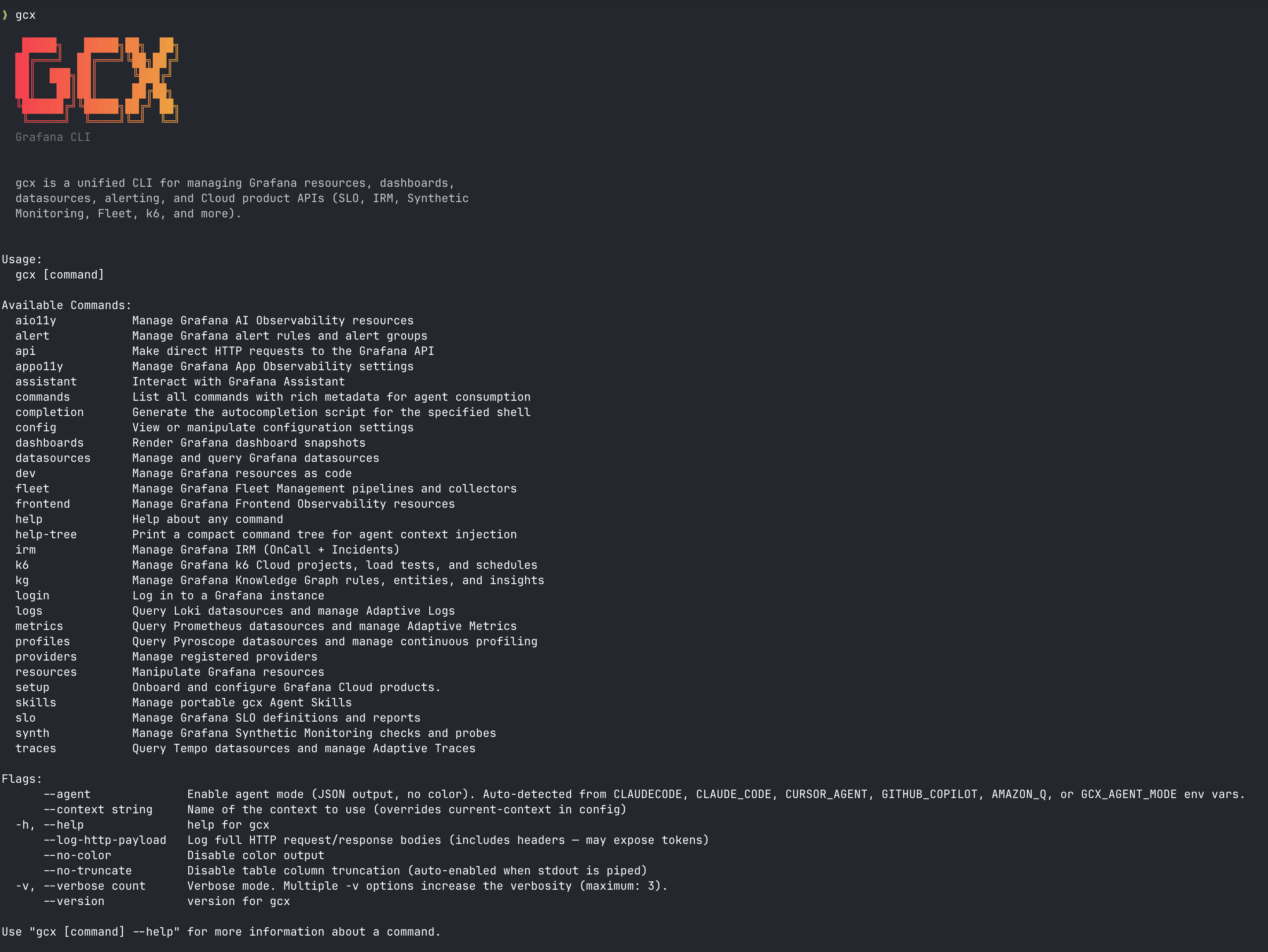 The gcx command line help screen, listing Grafana resources, dashboards, alerts, observability signals, and cloud product commands.