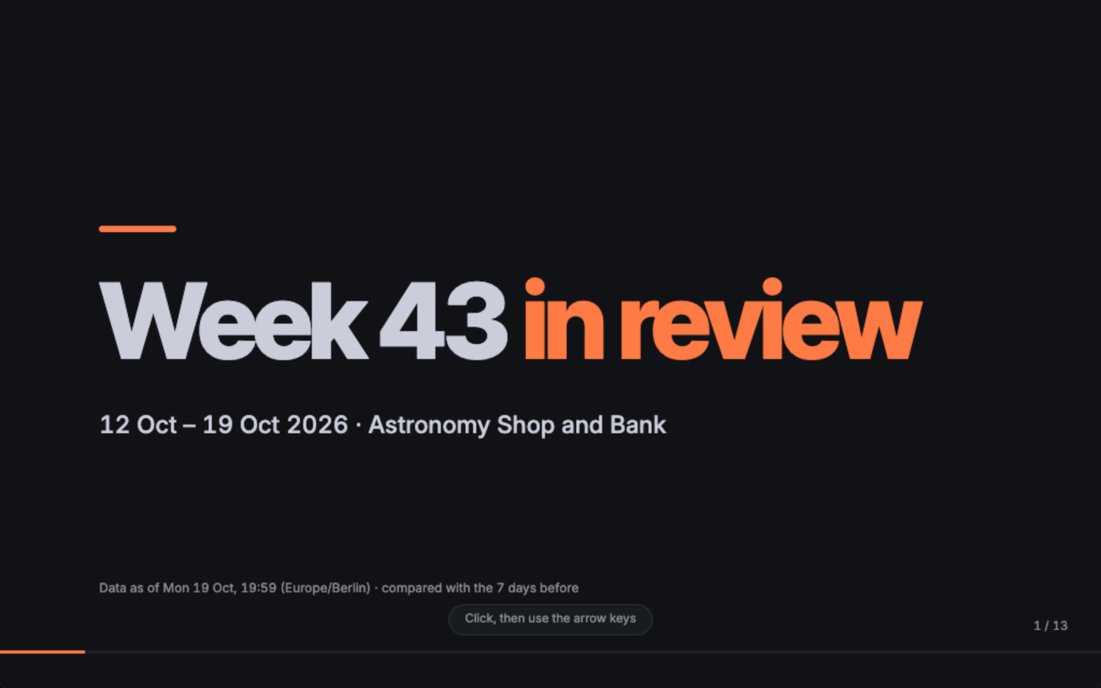 The Week in Review page: the title slide of a thirteen-slide deck, “Week 43 in review”.