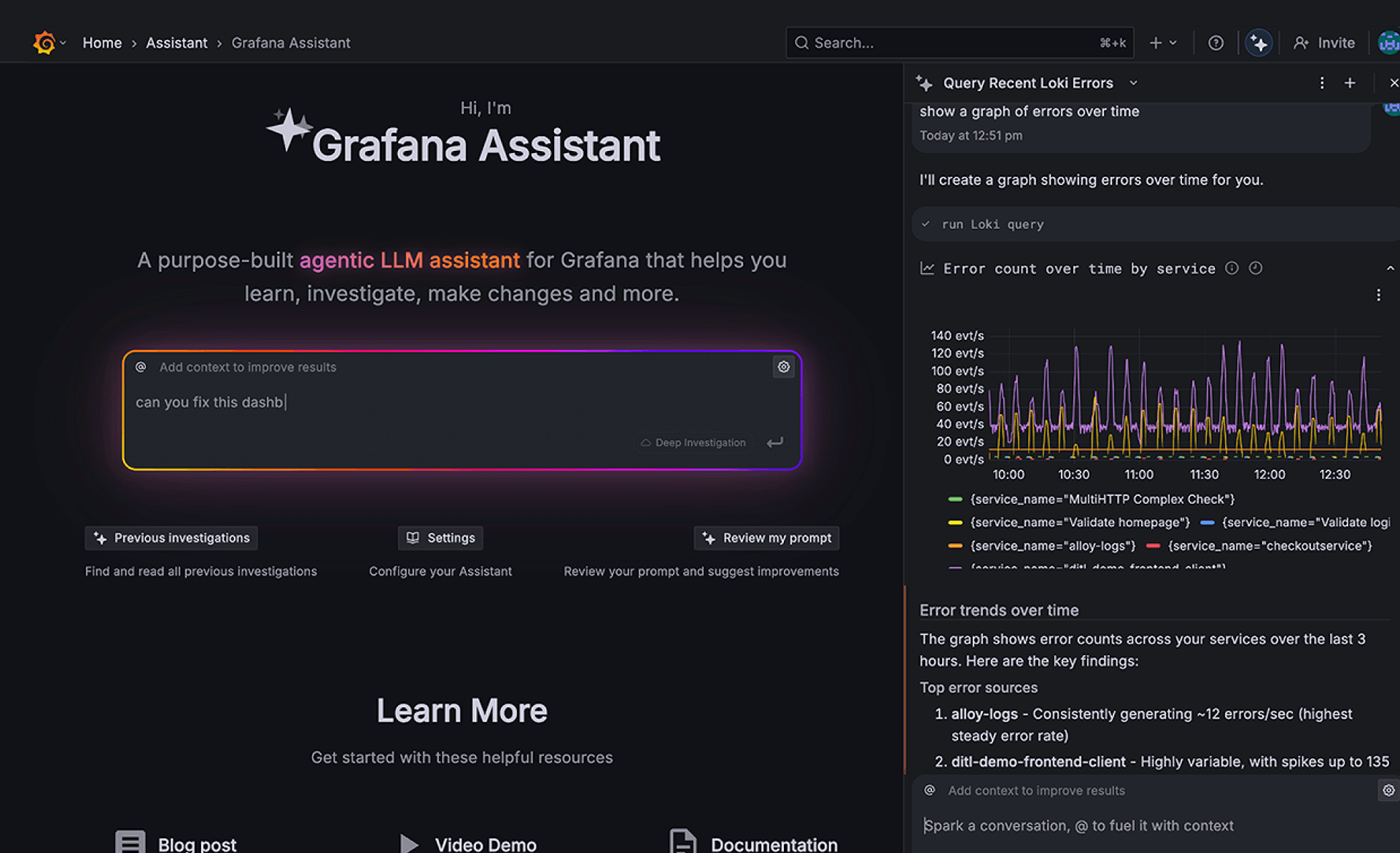 Grafana Assistant running a Loki query, showing error counts over time in a Grafana panel, and summarizing the visible results.